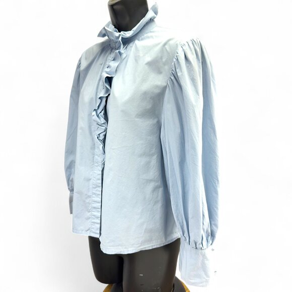 GALERIES LAFAYETTE 3/4 Balloon Sleeves Ice Blue Button Down Ruffled Shirt sz 40 - Picture 2 of 8